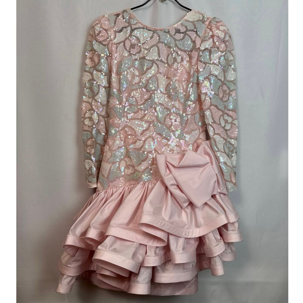 Julie Duroche After Five Vintage 80s Sequin Bow Party Dress Size 8 Pink Prom
